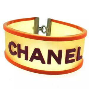 CHANEL bangle logo orange rubber ?~ Silver hardware Authentic C3948